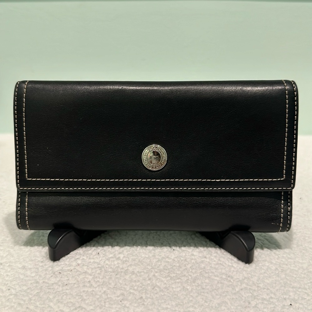 Leather Coach Wallet Black with Silver hardware pink interior with lots of slots